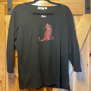Black Long Sleeve Top with Red Sequin Cat